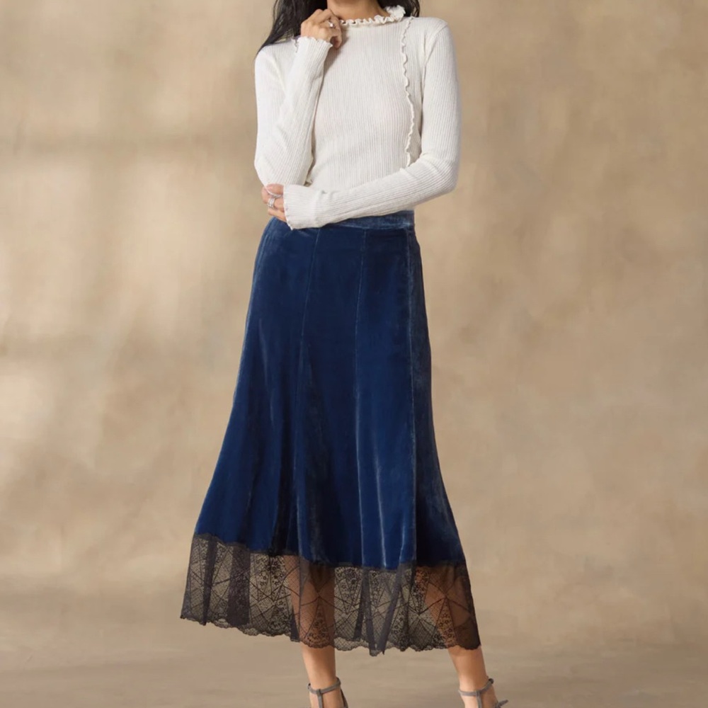 “Velvet Evening Skirt” in elegant navy blue. New with tags from Sundance.
